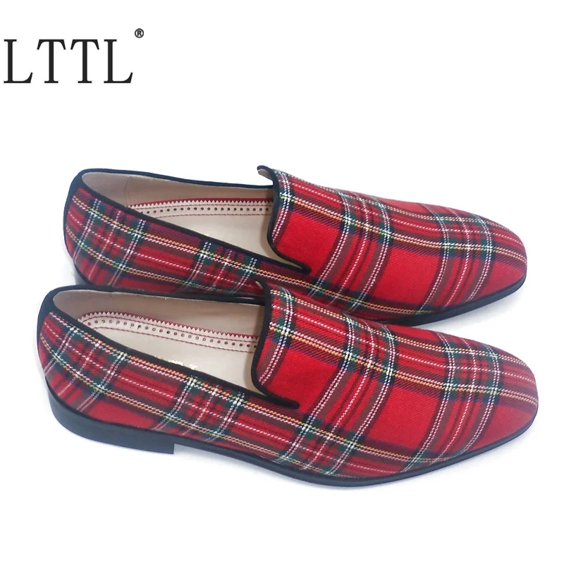 LTTL New Fashion British Style Cotton Fabric Plaid Loafers Men Dress Shoes Square Toe Slip On Casual Men's Smoking | Обувь