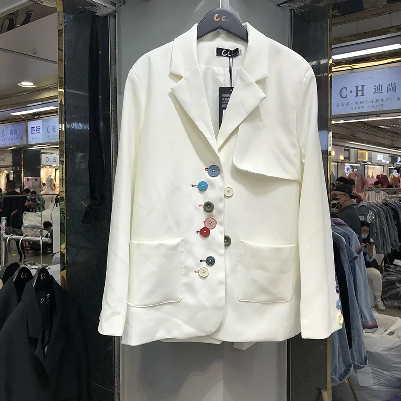 White Suit Jacket for Women 2021 Spring and Autumn New Korean Style Irregular Colorful Buttons Loose Casual White Black Blazer