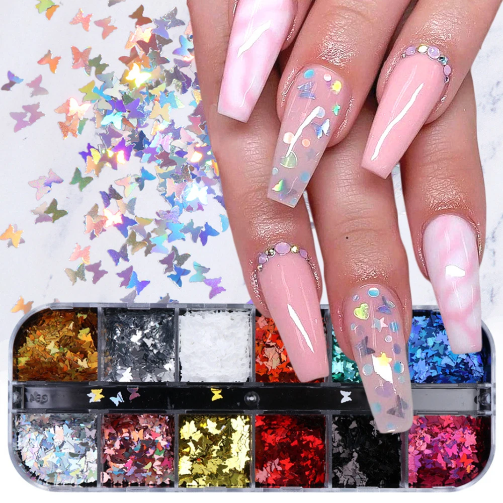 12 цветов голографические пайетки для ногтей Бабочка 3D лак блестки зеркальный