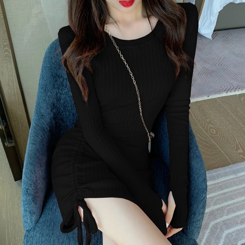 

Women Black Bodycon Dresses 2020 Fahsion Long Sleeve Autumn Sexy Mini Dress Korean Clothes Knitted Party Club Pink Short Dress