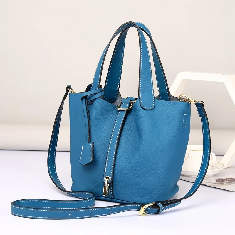 

Fashion Lock Design Blue Basket Bucket Tote Bag Small Full Grain Cowhide Leather Women Shoulder Bag Soft Ladies Handbag
