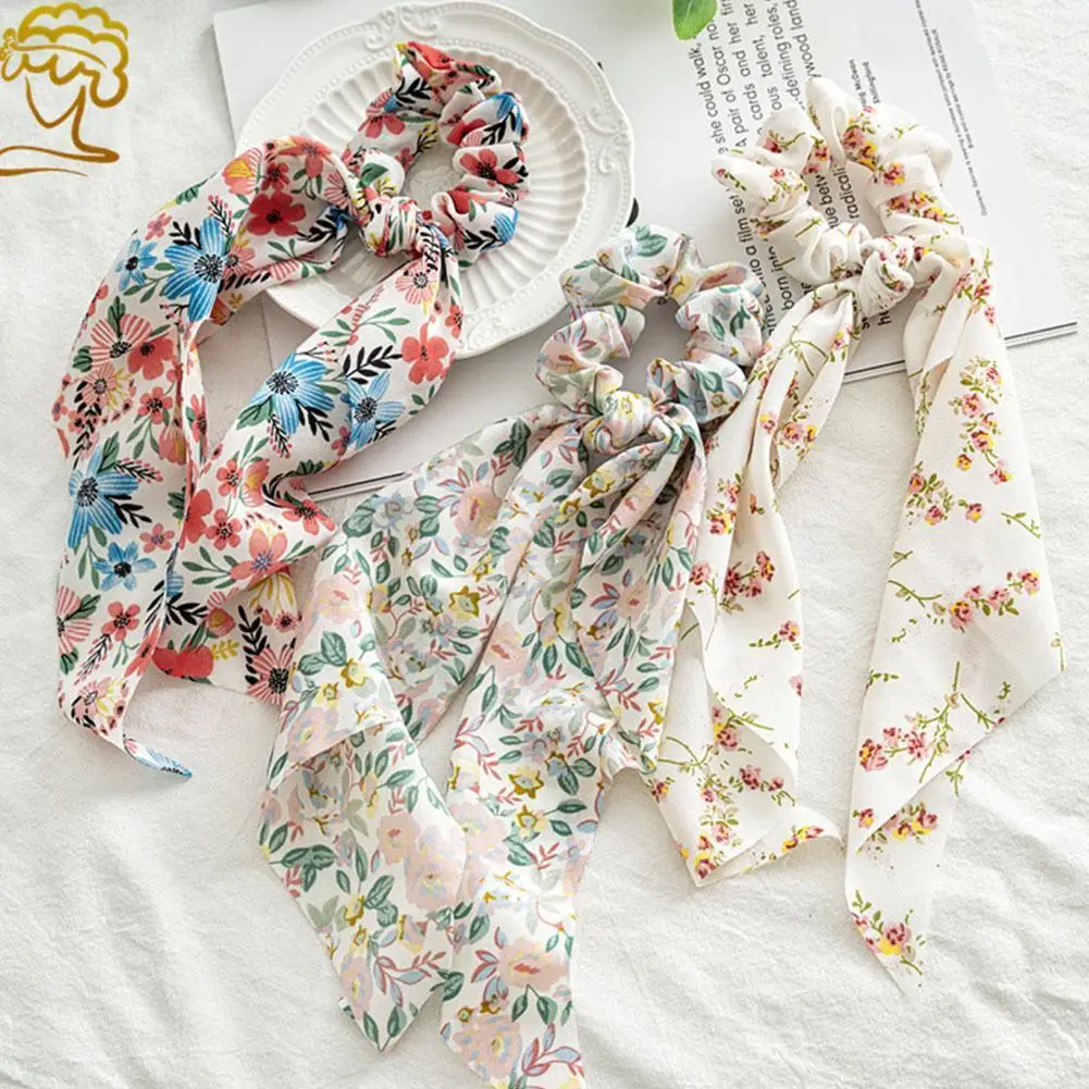 

Sweet Floral Print Chiffon Satin Silk Elastic Hair Ribbon Bow Rubber Ponytail Hair Long Bands Rope Women Tie Scrunchie Hold R5J7