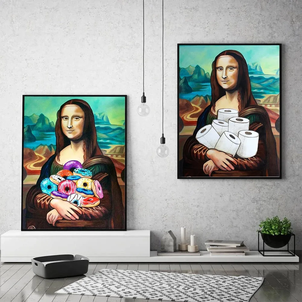 

Toilet Paper and Doughnuts Mona Lisa Canvas Painting Funny Nordic Womens Posters and Prints Wall Pictures Europe Home Decoration