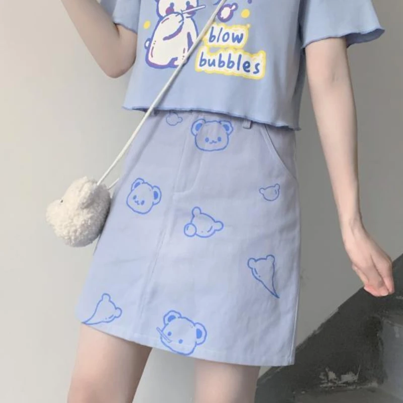 

Kawaii Harajuku Mini Skirts Women Cute Bear Print High Waist A-line Skirt Summer Preppy Style Japanese Soft Girl Casual
