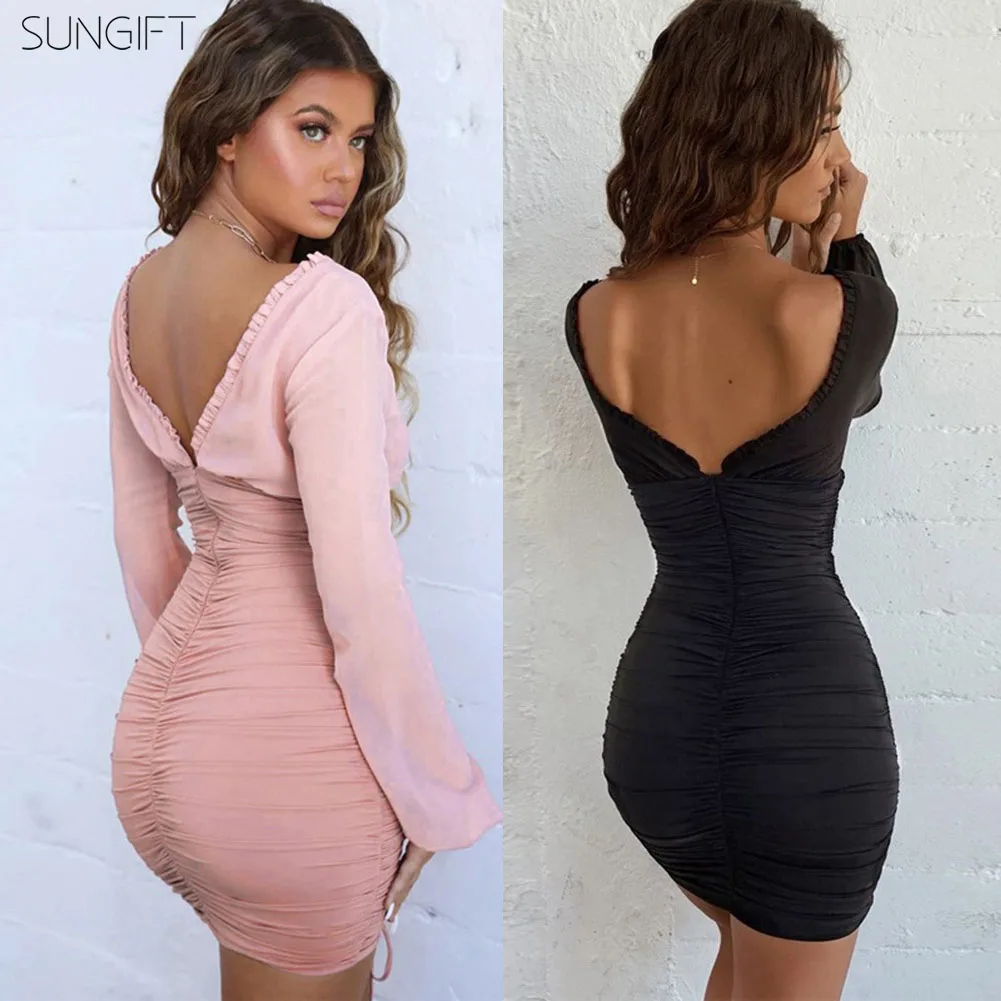 SUNGIFT женское сексуальное Клубное облегающее платье с низким вырезом Сетчатое