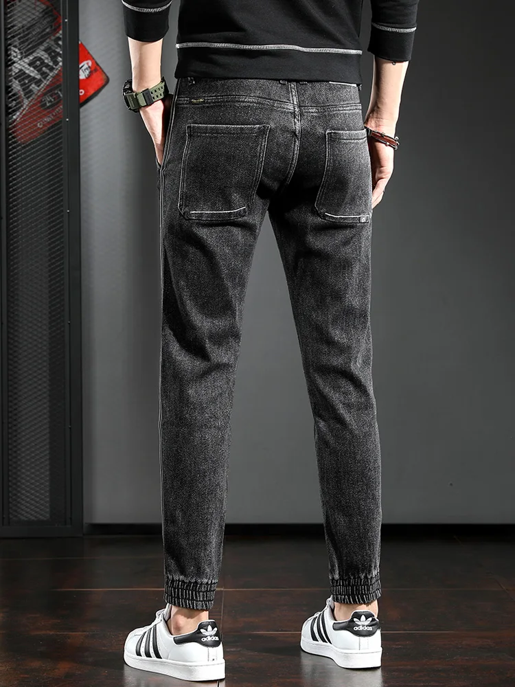 

Fashion Side Stripe Jeans Men Gray Black Denim Trousers Streetwear Embroidery Drawstring Slim Fit Pencil Pants