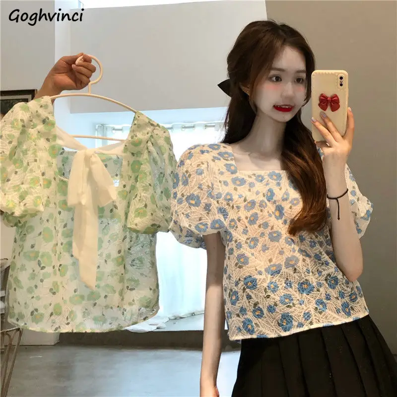 

Sweet Shirts Women Short Puff Sleeve Bow Backless Square Collar Korean Style Floral Bandage Female Tops Simple Summer Elegant