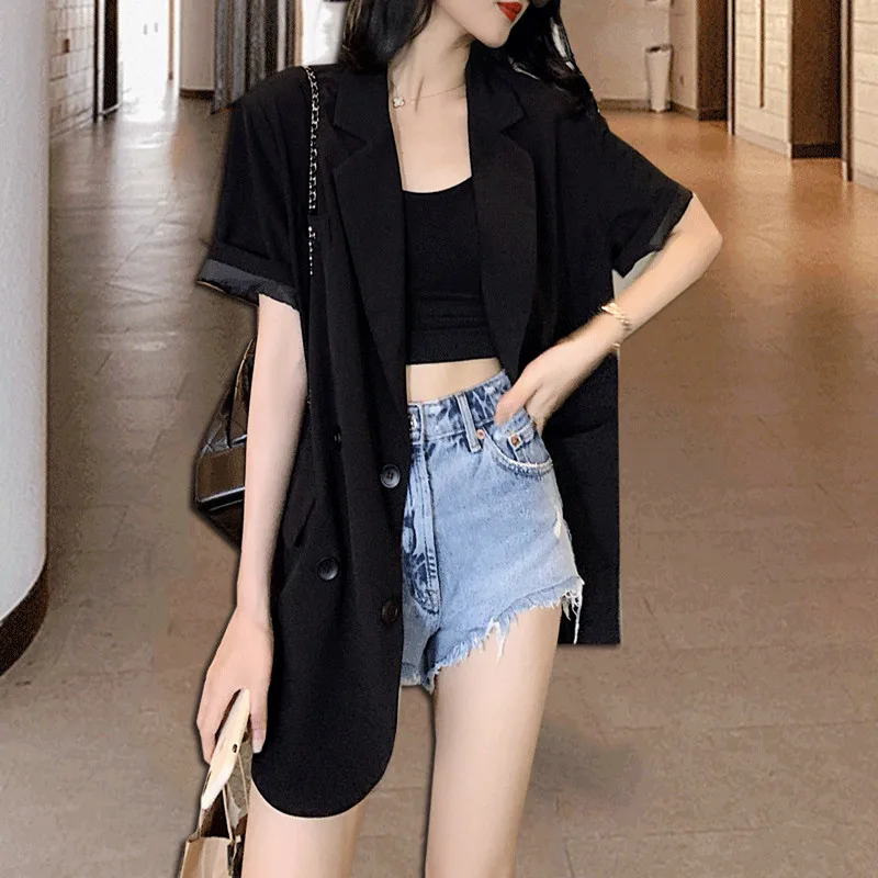 

Женский деловой костюм с коротким рукавом, черный двубортный пиджак в офисном стиле, лето