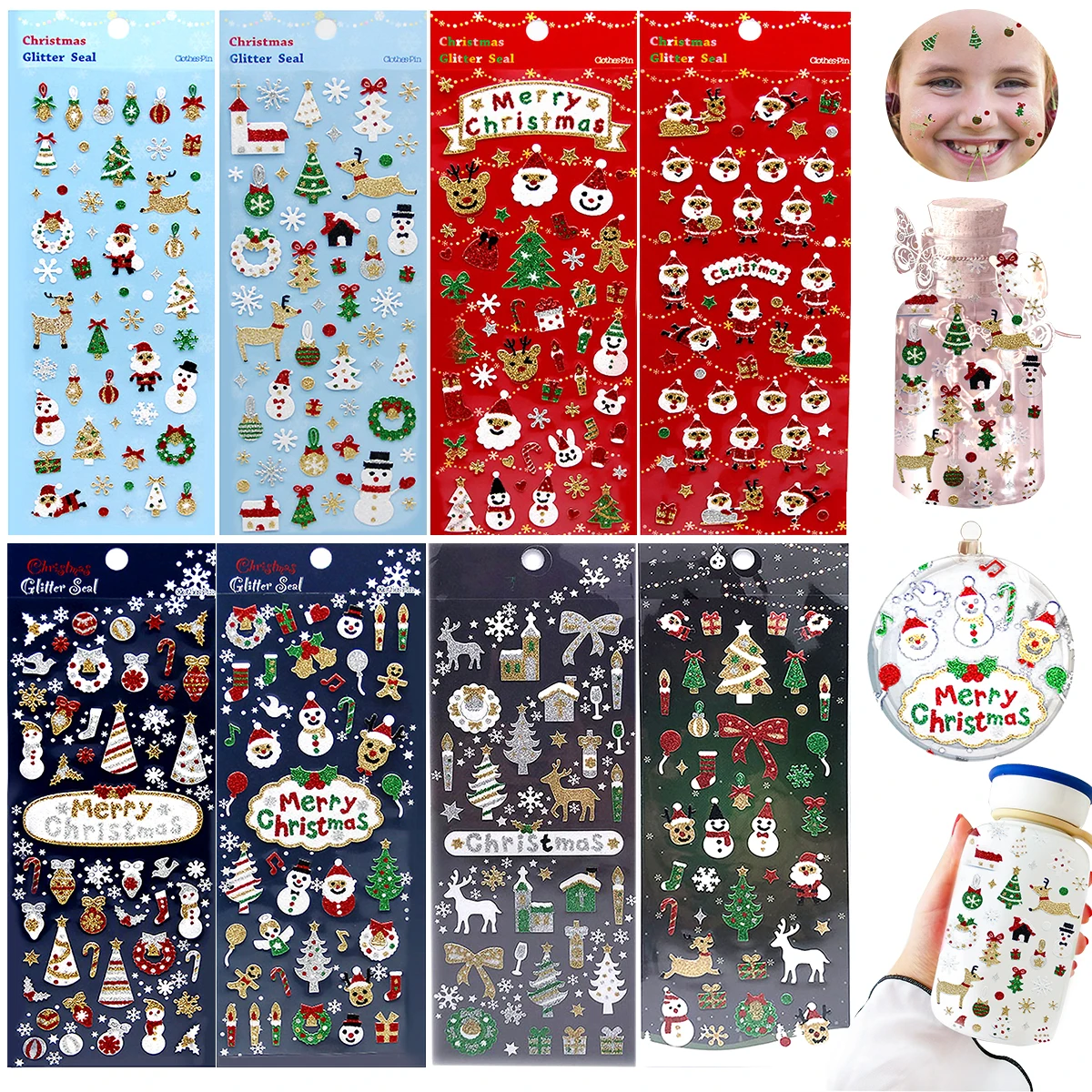 

Christmas Decorative Stickers Santa Claus Snowman Snowflake Glitter DIY Winter Self-Adhesive Decal for Children Xmas Gift Tags