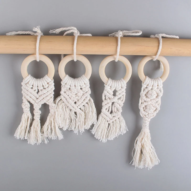 

New 4 Pcs Weave Teething Ring Baby Play Gym Wooden Rings Rattle Baby Cot Hanging Toy