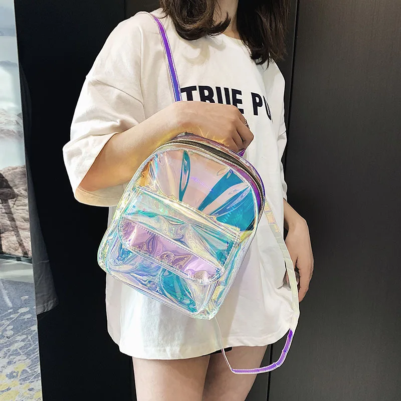 Girls Clear Backpack Personality Lovely Cute Knapsack Satchel Schoolbag Transparent See Through PVC Laser Jelly Mini Backpack