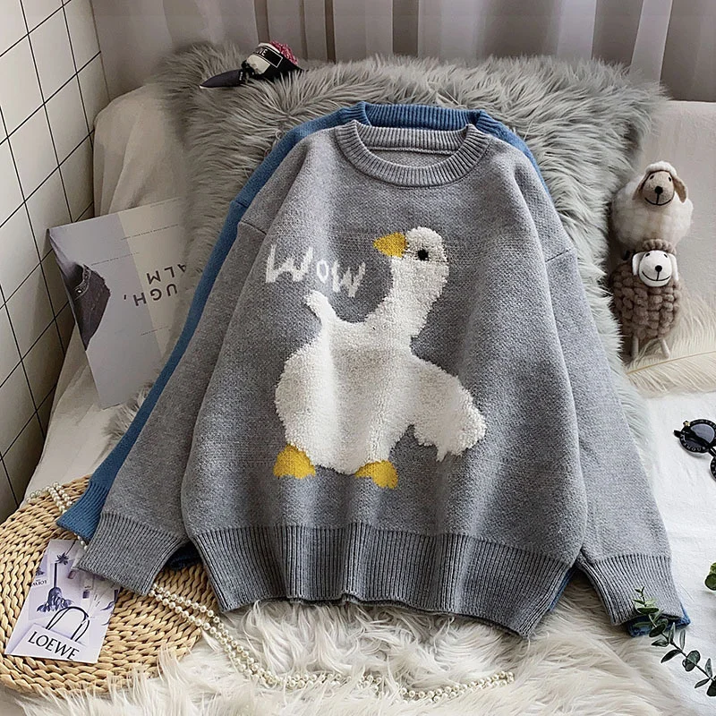 2022 Korean Fashion Swan Jacquard Blue Vintage Women Loose Knitted Sweater Casual Pullovers Lounge Wear Sueter Masculino | Женская