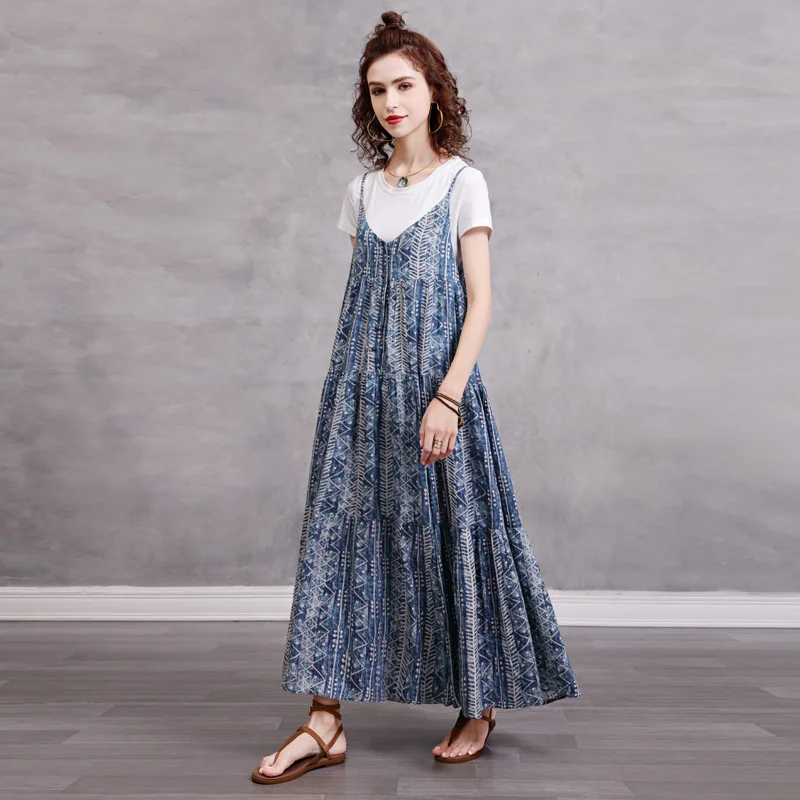 

Женское винтажное платье на бретельках Johnature, свободное платье из хлопка и льна с V-образным вырезом, цветочным принтом, без рукавов, на пугов...