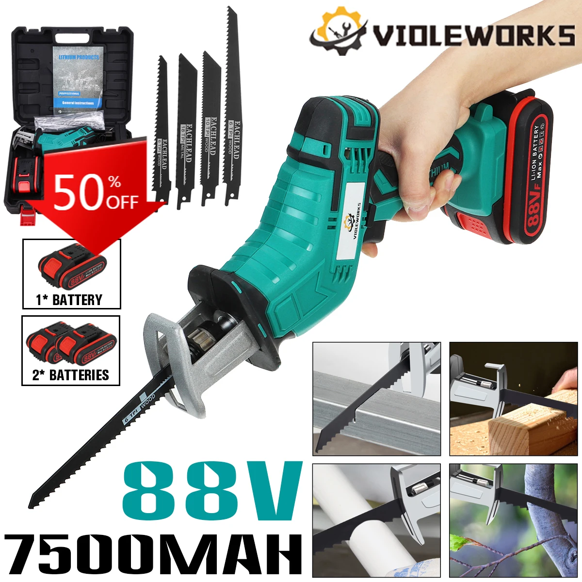 

NEW 88V Cordless Reciprocating Saw Handsaw Saber Saw Multifunction Saw for Metal Wood Pipe Cutting Saw with 4 Blades Kit