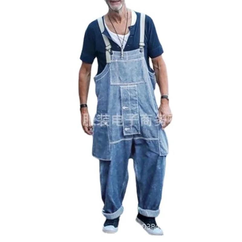 Fashion Men Jeans Spring Autumn New Loose Work Clothes Jeans Trousers Casual Multi Pocket Mens Suspenders Pants Denim Pants