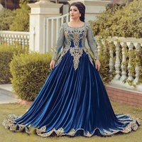new gorgeous saudi arabic dubai royal blue prom party dresses long sleeves jewel neck wedding guest gowns lace appliqued beaded