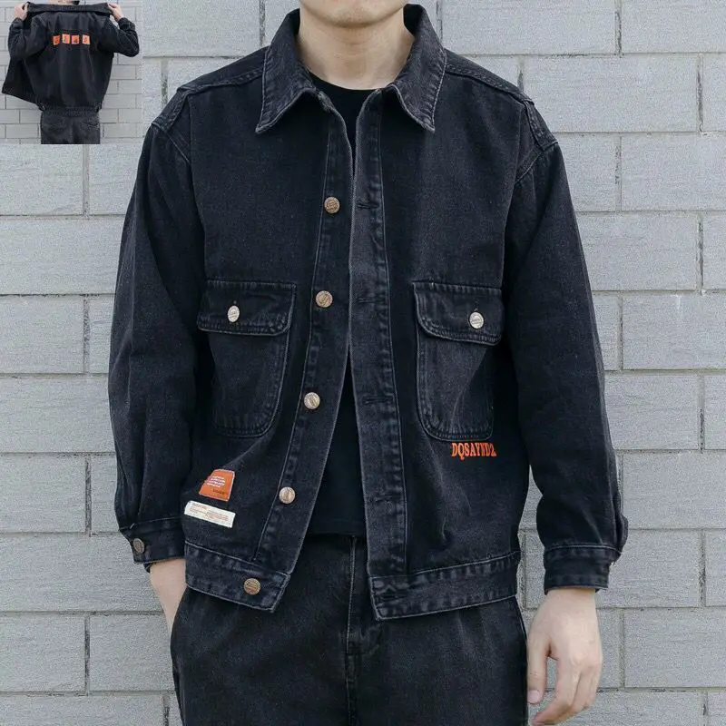 

Jeans jacket men loose popular logo camouflage cargo jacket large fat trend go with everything fall top trend