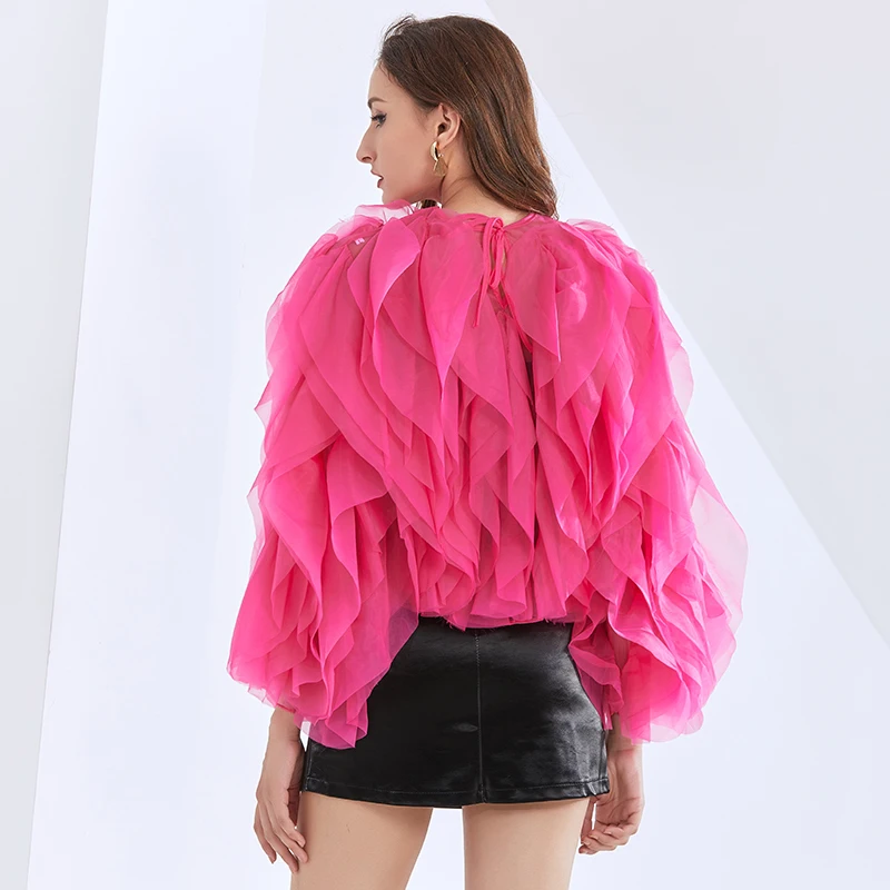 

TWOTWINSTYLE Elegant Solid Shirt For Women O Neck Long Sleeve Patchwork Ruffle Casual Blouse Female Autumn Fashion Clothing New