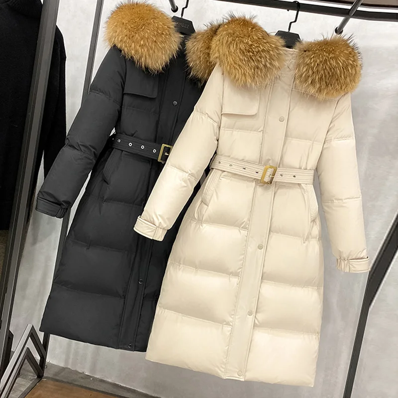 

Raccoon Fox Fur Long Down Jacket Women 90% White Duck Down Coat Loose Hooded Thick Parkas Female Overcoat With Belt