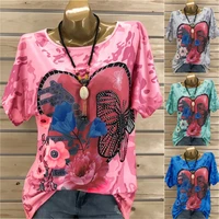 womens summer floral butterfly t shirt loose tops tunic blouse plus size shirt
