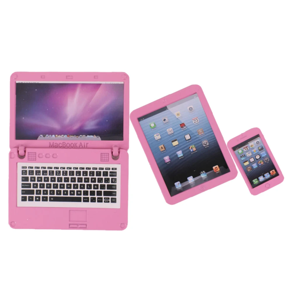 Набор аксессуаров для кукол 3 штуки = Металлический компьютер + телефон + ноутбук для куклы 18 дюймового размера американского производства и для кукол рождения поколения девочек.