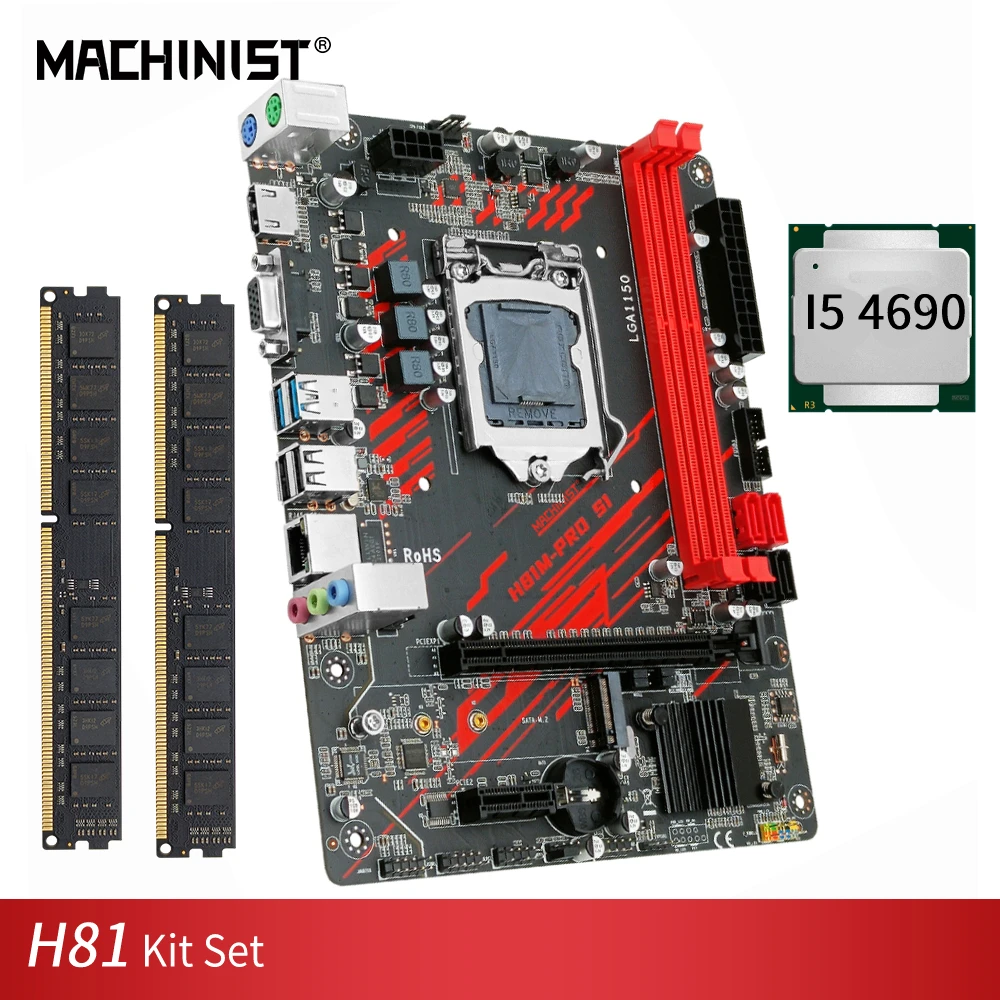 

MACHINIST H81 LGA1150 Motherboard Kit Set With Intel I5 4690 Processor DDR3 8GB 2X4G Desktop Ram Memory Combo SATA H81M-PRO-S1