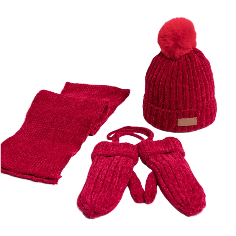 

Kids 3Pcs Winter Warm Chenille Plush Lined Pom Beanie Hat Long Scarf Gloves Set 649C