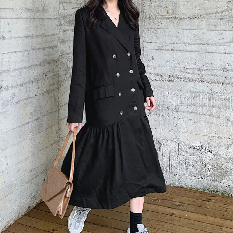 DEAT черный длинный рукав двубортный сшивание плиссированный женский офисный