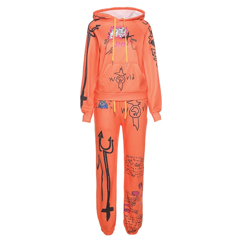 

2021 Thicken Street Running Sportswear Set Women's Matching Set Cartoon Graffiti Printed Sportswear 2 Pants