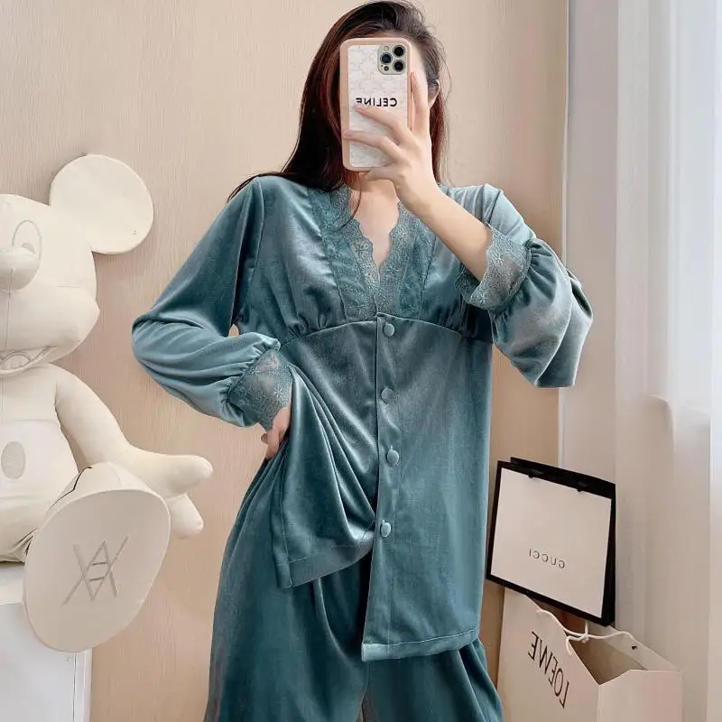 

Velvet V-neck Lace Long Sleeved Pajamas Set Trouser Suits Women Sexy Pijamas 2PCS Shirt&Pant Loose Home Clothes Lounge Wear