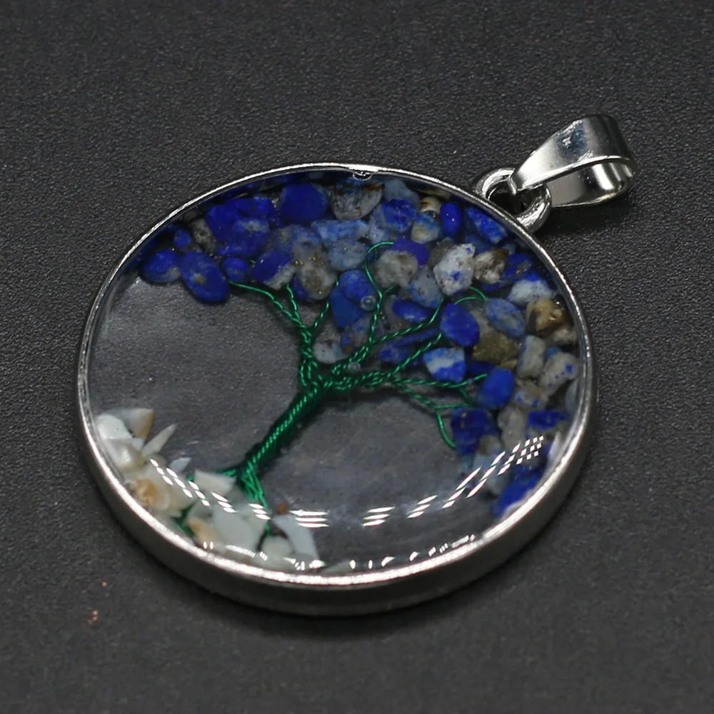 

Natural Stone Round Lapis lazuli Gravel Tree Charm Pendant for DIY Necklace Earring Jewelry Making Women Jewelry Gift 33x33mm