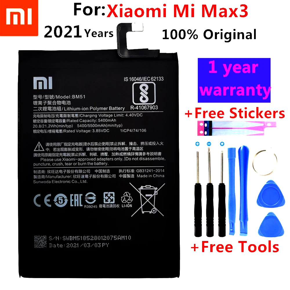

2021 100% оригинальный запасной аккумулятор для Xiaomi Mi Max3 Max 3 BM51 Оригинальный аккумулятор для телефона 5500 мАч + Бесплатные инструменты + Бесплатн...
