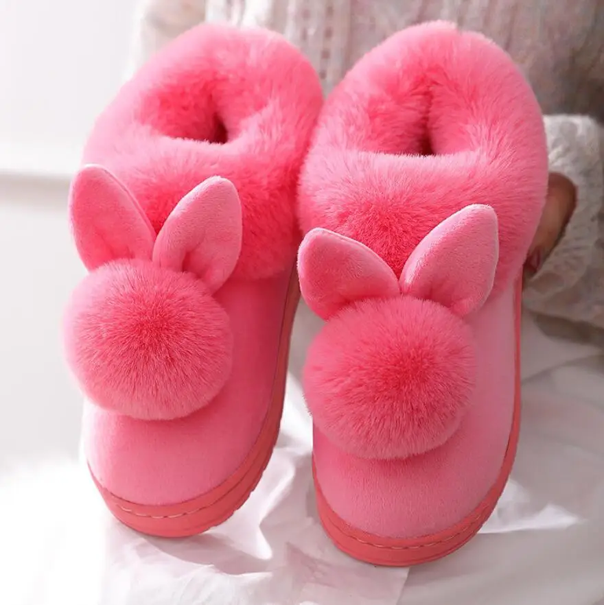 Pink Сезон осень-зима; хлопковые тапочки с мехом кролика; домашняя теплая хлопковая обувь на толстой подошве; женские тапочки; милые пушистые тапочки с котом - Цвет: Pink