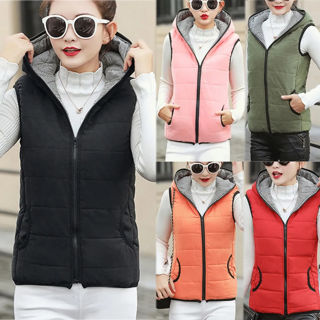 Женский однотонный жилет с капюшоном короткая куртка хлопковой подкладкой