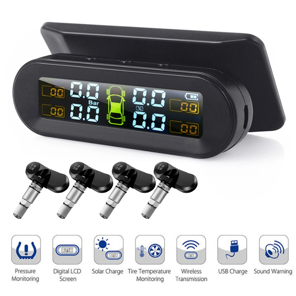 Монитор давления в шинах автомобиля + Φ датчики TPMS на солнечной энергии для RV Black |