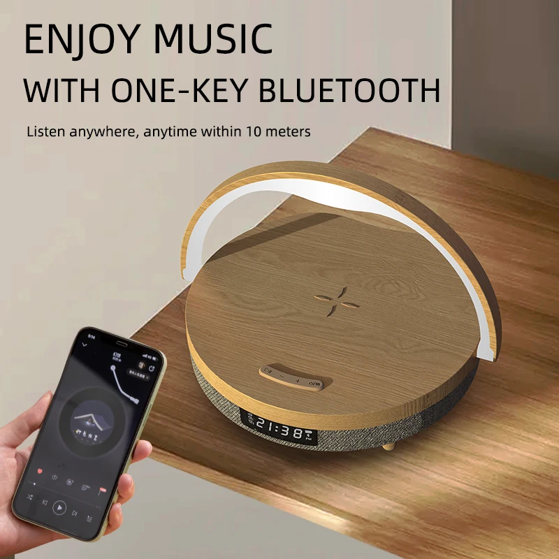 multifunctional bluetooth speaker mobile phone wireless charger desktop audio stand night light music desk lamp time alarm clock free global shipping