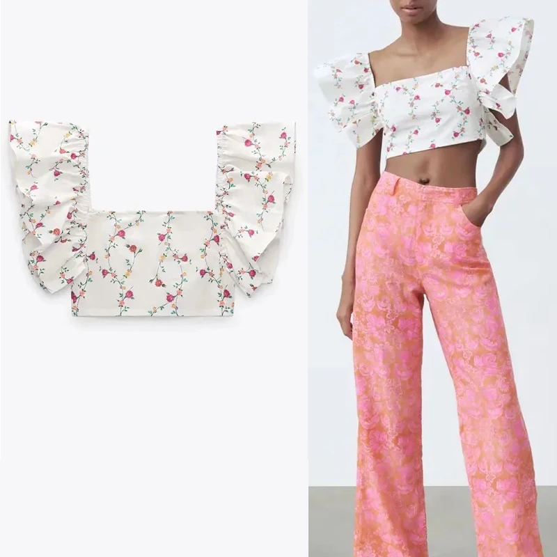 

Топ женский летний с цветочным принтом, оборками и открытой спиной