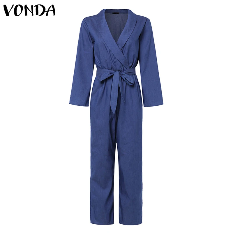 Женские комбинезоны VONDA, комбинезоны с глубоким v-образным вырезом, летние панталоны, женские комбинезоны с коротким рукавом, джинсовые, Macacao Feminino размера плюс