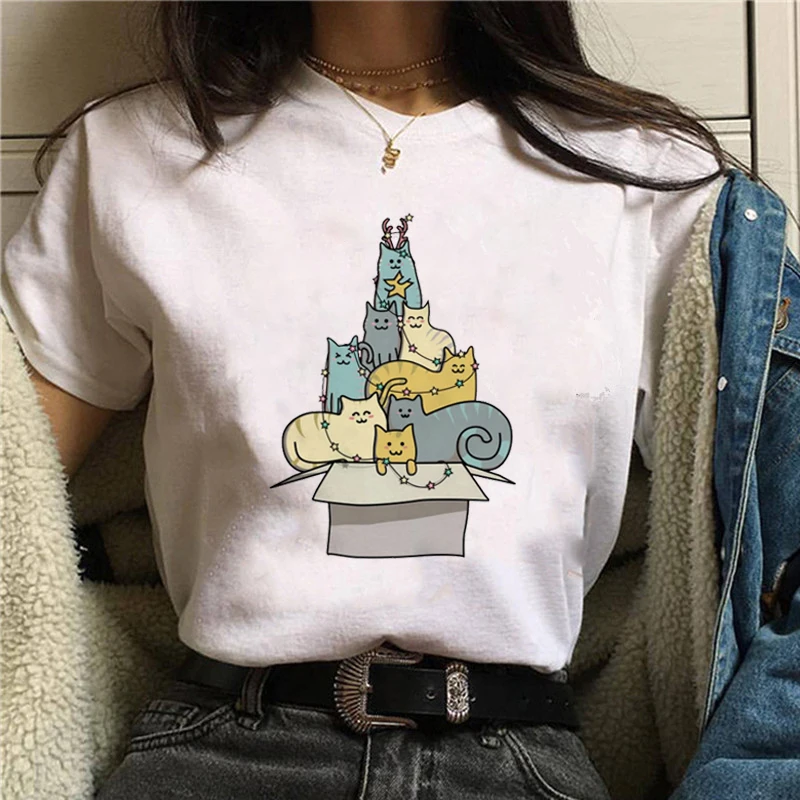 

Christmas Shirts Merry Catmas Tshirt Women Funny Print Cat Trees Cute Festival Teenage T Shirt Fashion Gift Tops