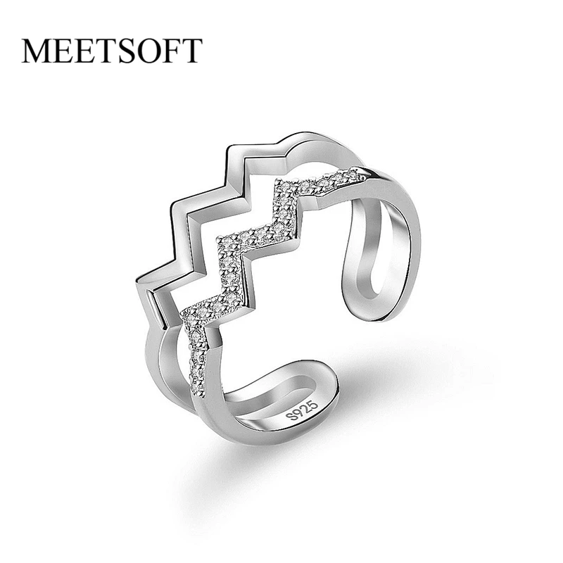 

MEETSOFT Trendy 925 Sterling Silver Double Layer Waves Zircon 18K Gold Opening Ring for Women Lovely Fine Jewelry Drop Shipping