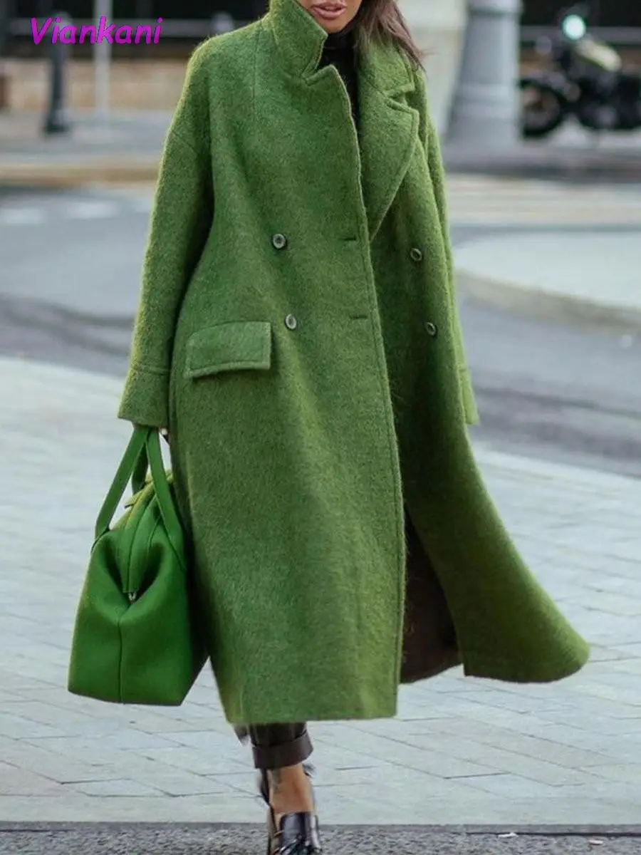 

Autumn Winter Long Woolen Coat Solid Color Temperament Commuter Beltless Lapel Loose-fitting Woolen Green Coat 2021 Clothes