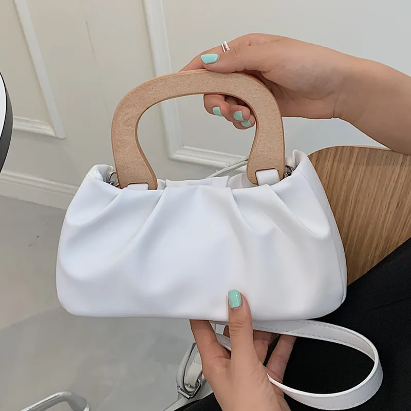 

Women White Handbag Wooden Handle Toe Bags Pleated Soft Leather Clutch Cloud Bag Small Solid Color Female Crossbody Shoulder Bag