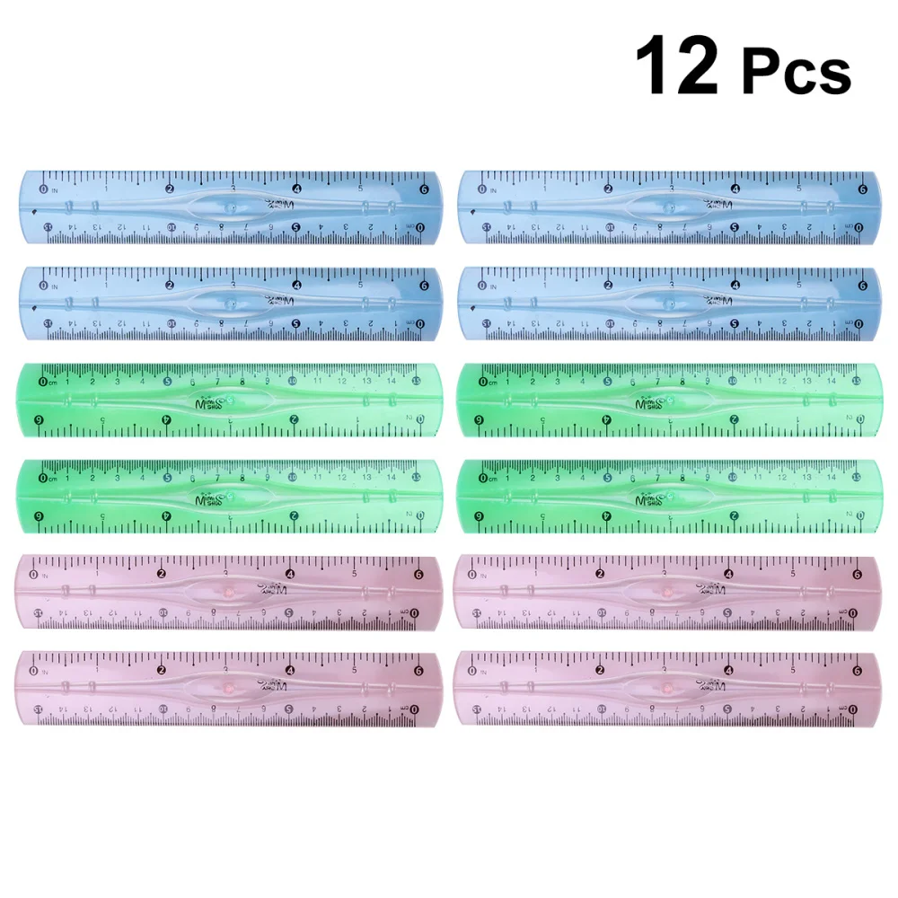 12 Pcs Plastic Transparent Rulers School Students Stationery Office Measuring Ruler 15CM (Random Color)