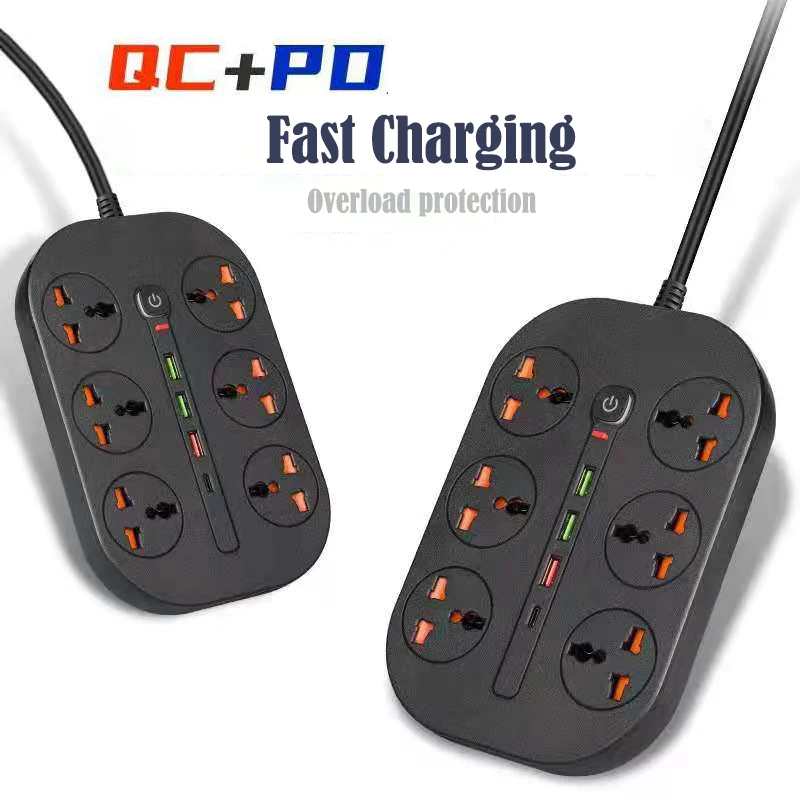 

AU US UK EU 3000W Power Strip 6 Outlet Socket USB Type C PD QC3.0 20W 4 Fast Charge Ports Socket 2M Power Strip