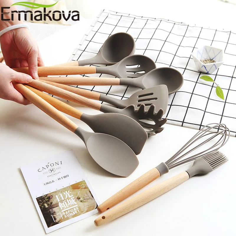 ERMAKOVA Silicone Cooking Utensils Wooden Handle Non-Stick Spatula Spoon Turner Soup Ladle Whisk Kitchen Cooking Tools Gadget
