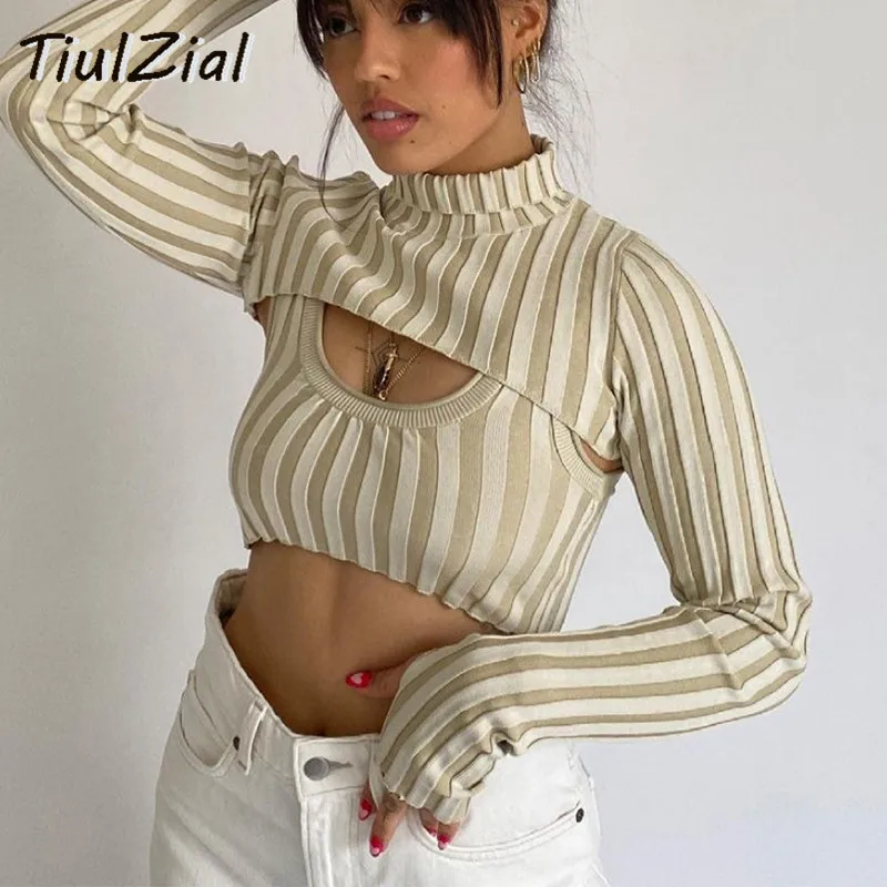 

TiulZial Long Sleeve Women Turtleneck Sweater Set Hollow Out Crop Knitting Sweater Summer Autumn Sexy Y2K Pullover Jumper Lady