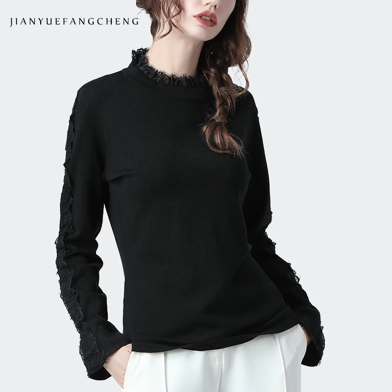 Модный женский черный свитер с кружевным воротником вязаный теплый