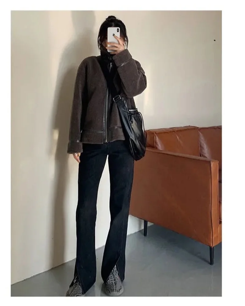 

Straight Leg Split Jeans Women Spring New High Waist Slim Loose BF Style Wide Leg Pants