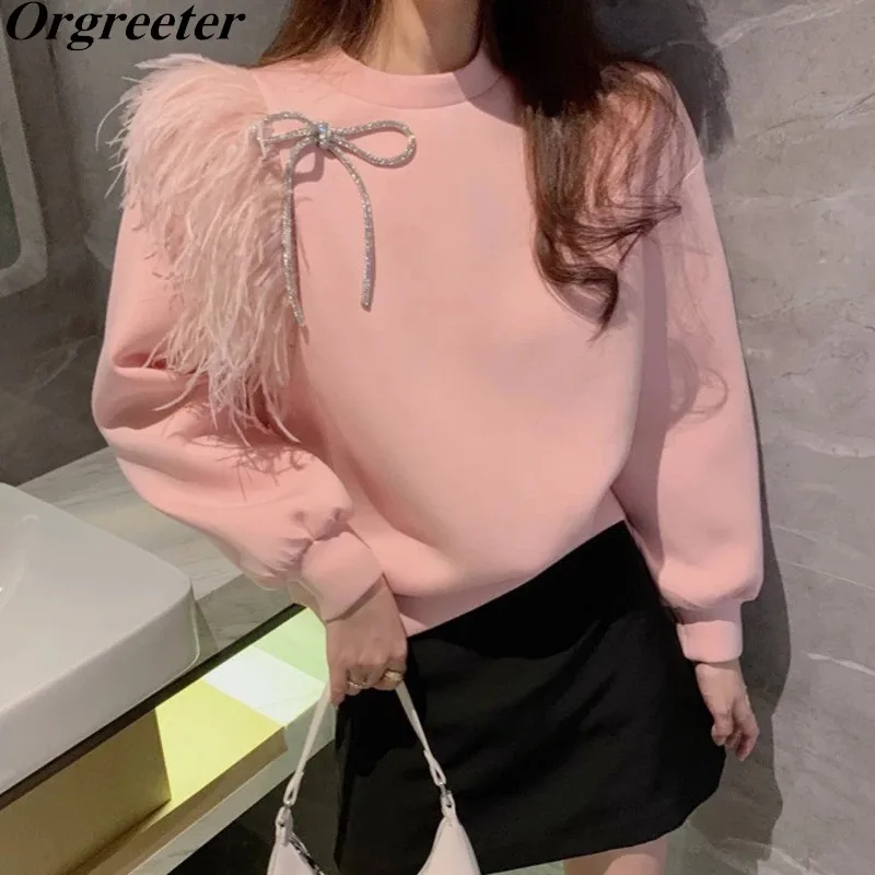 

2021 Spring Fall Fashion Female Feather Diamond Bowknot Solid Color Minimalist Long-sleeved Pullover Sweatshirts Tops