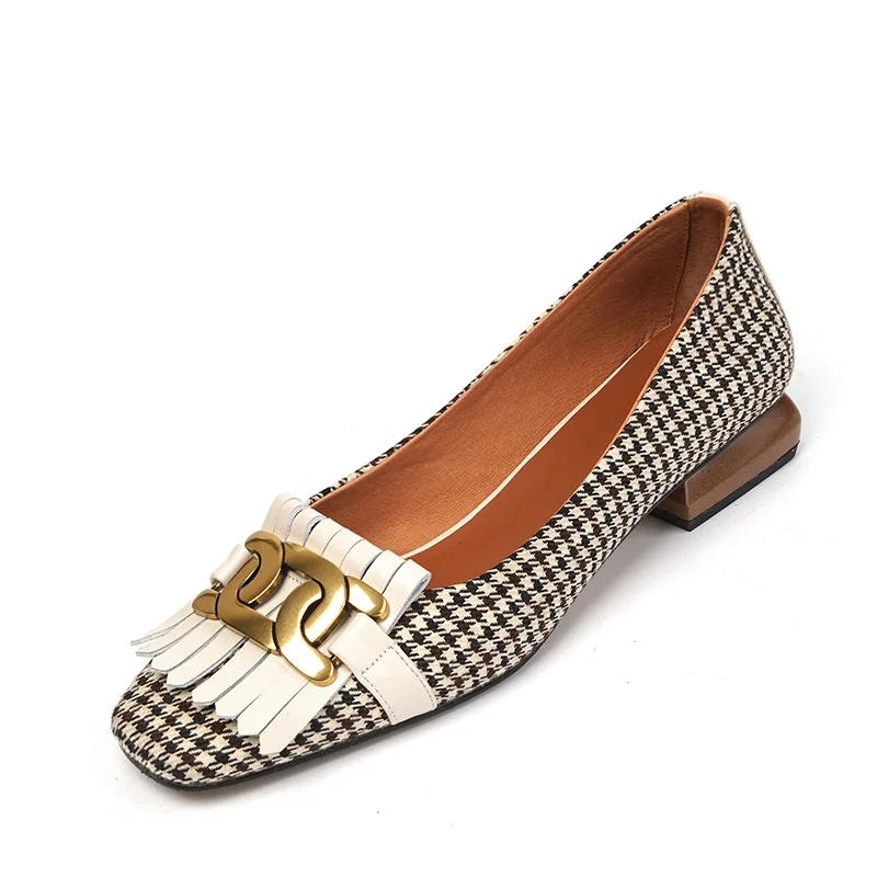 

Women pumps natural leather 22-25cm Cowhide + Houndstooth fabric tassel Hot Peas Shoes in Europe and America womens shoes